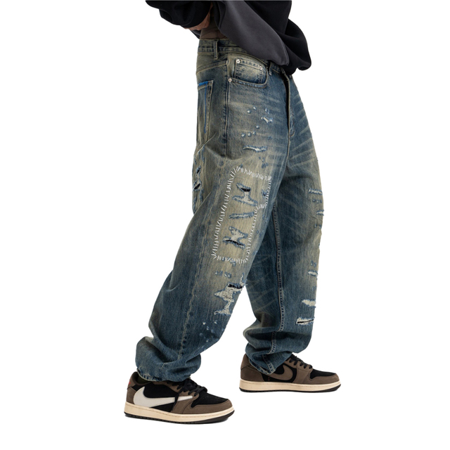 Custom Streetwear Distressed Ripped Denim Jeans OEM Oversized High Quality Vintage Wash Designer Jeans