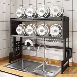 Scolapiatti Multifunzionale in Metallo da Fabbrica, Organizzatore a 2 Ripiani Sopra il Lavello con Vassoio di Drenaggio, Design Moderno e Sostenibile per Cucina - Product Image 5