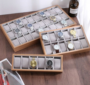 Wood Watch Holder Tray, Soft Flannel Lining Watch Display Case, Multiple Grids Watch <b>Storage</b> <b>Box</b> for Retail Shop Counter Display - Product Image 1