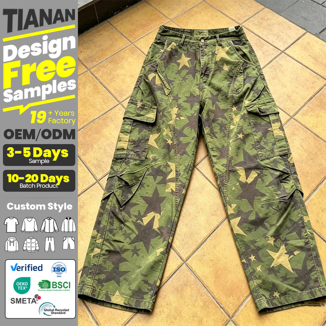 Tianan Clothing Vintage Camo Cargo Pants Straight Baggy Y2K Streetwear High Quality Stonewashed Multi-Pocket Patchwork Jeans