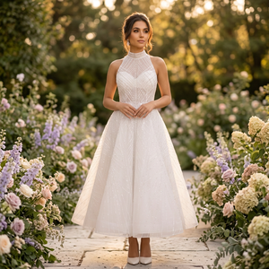 Robe de mariée vintage élégante en satin perlé, coupe trapèze, décolleté sans bretelles, longueur ras du sol, en tulle, taille naturelle, broderie de cristaux, fermeture éclair - Product Image 5