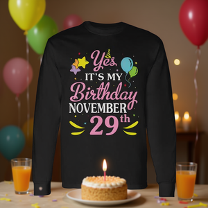 T-shirt a maniche lunghe per compleanno, 29 novembre, girocollo unisex, stampa digitale, abbigliamento da festa - Product Image 3