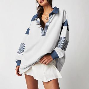 <span class=keywords><strong>Sudadera</strong></span> de Mujer con Cuello en V Profundo, Manga Larga, Diseño a Rayas con Bloques de Color, Estilo Holgado, Informal, para Estar en Casa - Product Image 4