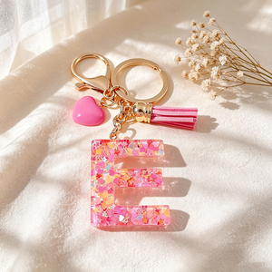 Pink Glitter Resin Letter E Keychain, Initial <b>Key</b> <b>Ring</b> with Heart Charm, Cute Tassel Accessory for Handbags - Product Image 5