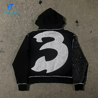 Sweat à capuche zippé noir surdimensionné et structuré, 450 g/m², avec logo brodé, patch de couture contrastant personnalisé et strass, style vintage