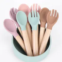 Amazon Hot Sale Safety BPA Free Cucharas Set Mini Feeding Wooden Spoon Silicone Baby Spoon Fork Set For Training