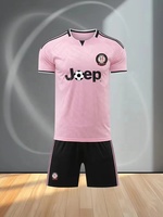 Uniforme de football pour hommes, rose à motifs, 100% polyester, respirant, maillot à manches courtes et short noir pour les entraînements quotidiens et les matchs