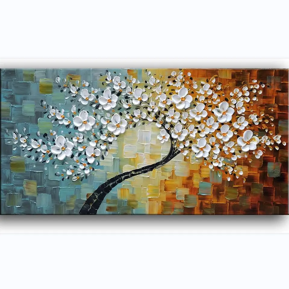 3D Ölgemälde Blumen auf Leinwand Textur Palette Messer goldene Blumen Baum Gemälde abstrakte Landschaft Kunstwerk Wand kunst