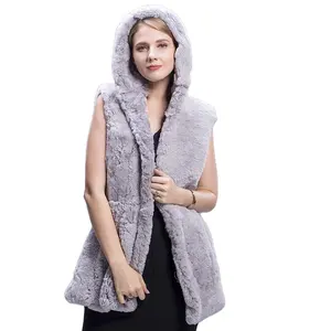 MWFur alla moda da donna cappotto di pelliccia con cappuccio Rex pelliccia di coniglio moda giacca invernale cappotto di pelliccia elegante senza maniche cappotto da donna