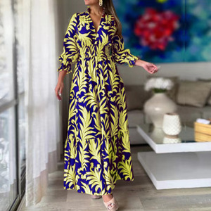 Gaun Boho Wanita Musim Gugur Musim Dingin Kerah V Lengan Panjang Leher-v Gaun Kasual Ayun Pullover Pinggang Lantai Pesta Motif Bohemian - Product Image 3