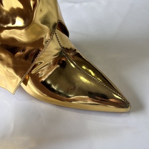 Bright Patent Overlay Knee High <b>Boots</b> Women Metallic Wedge Heels Shoes Folded Over Upper Pointed Toe Gold Booties - Product Image 4