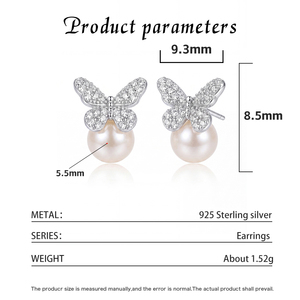 S925 <b>Silver</b> Butterfly Freshwater Pearl <b>Stud</b> Earrings Cubic Zirconia Pave Elegant Jewelry Gift for Women - Product Image 6