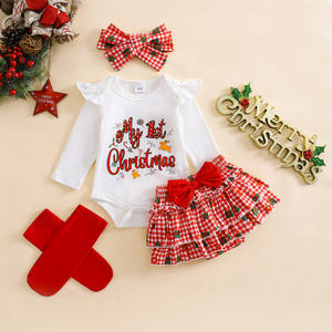 Set Natalizio per Neonati 4 Pezzi in Puro Cotone: Body 'Il Mio Primo Natale', Gonna a Quadri, Fiocco per Capelli + Calzini per Foto Festive - Product Image 2