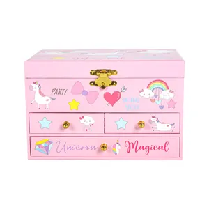 Ever Bright Wholesale Big box Custom Jewelry Music Box pink jewelry box with 3 drawers for little girls