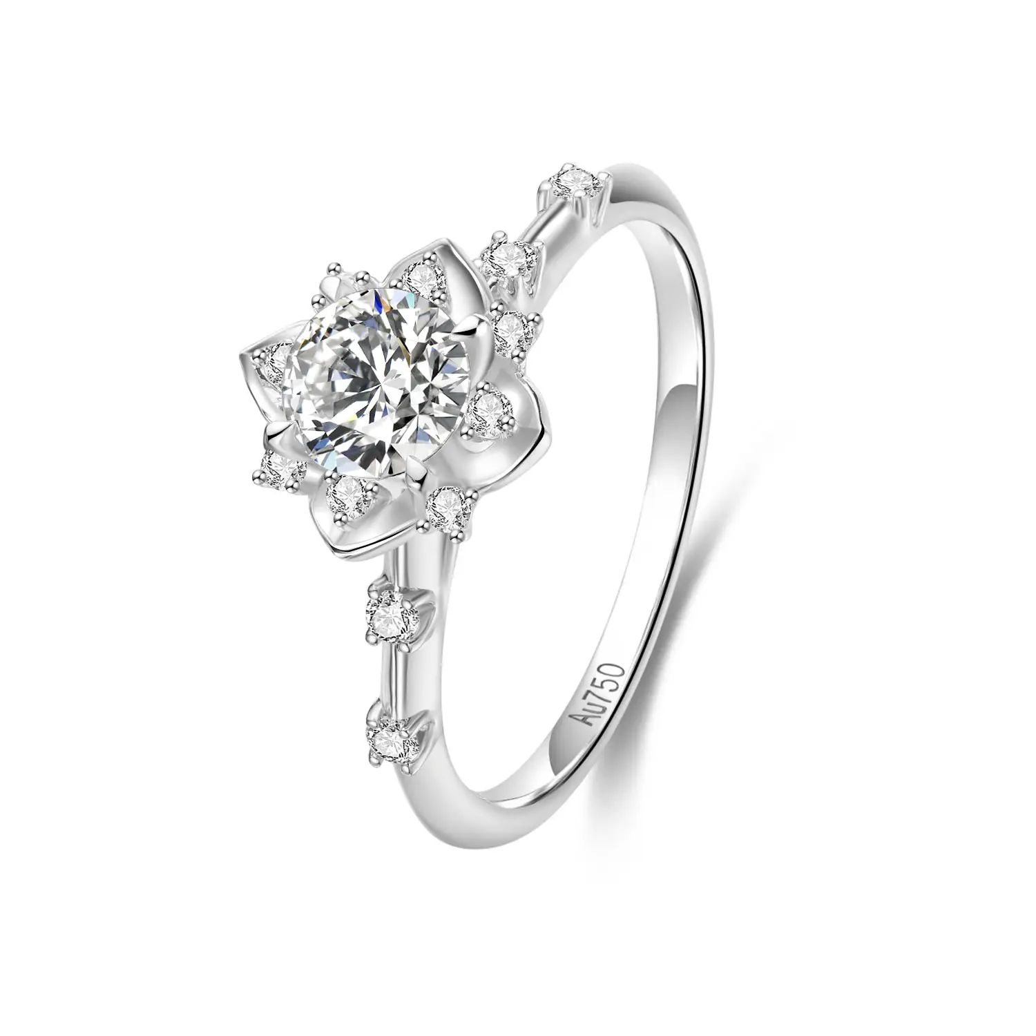 เครื่องประดับแวววาวแหวนหมั้นดอกไม้ดีไซน์ใหม่แหวนทองคำขาว18K 0.5ct เพชรสำหรับผู้หญิง