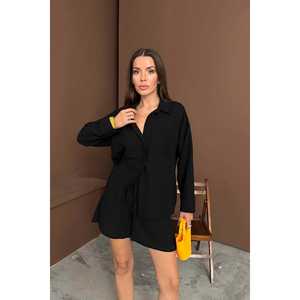 Ensemble décontracté en lin noir pour femme, haut à manches longues et short respirant, vente en gros - Product Image 3