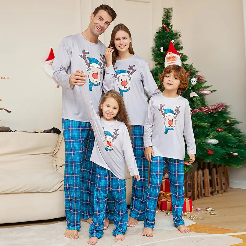 Ouder-Kind Kostuum Dames Kerst Cartoon Hert Hoofd Ronde Hals Lange Mouw Mama En Ik Bijpassende Familie Pyjama Set