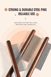 Peigne de toilettage pour animaux de compagnie en bois massif, à dents fines et grossières en acier inoxydable, pour démêler les puces, pour chiens et chats à poils longs ou courts - Product Image 6