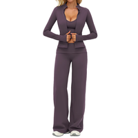 Ensemble de sport 3 pièces pour femme, extensible 4 directions, respirant, pour le yoga et les activités de plein air, avec veste à manches longues et pantalon droit ample