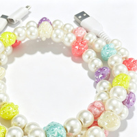 Câble de données USB décoratif 3 en 1 avec perles rondes et perles colorées en forme de fraise, cordon de charge universel pour téléphone portable