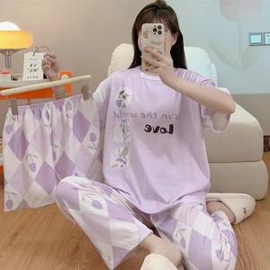 Toptan kadın karikatür pijama O boyun kısa kollu şort pantolon 3 adet setleri pijama yumuşak süt ipek pijama Lady için - Product Image 3