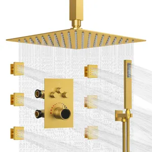 Brass Ceiling Bathroom Waterfall Rainfall Misty Shower Thermostatic Shower Faucet Set