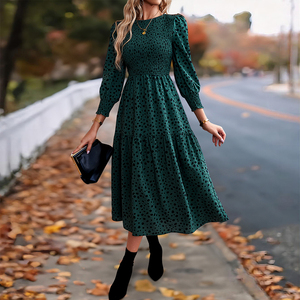 우아한 여성용 플로럴 미디 원피스 긴팔 하이 웨이스트-블랙 프린트 짠 도트 패턴 캐주얼 스타일 - Product Image 3