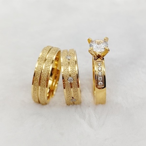 Anelli Promessa Fatti a Mano <span class=keywords><strong>in</strong></span> <span class=keywords><strong>Acciaio</strong></span> Inossidabile Placcato Oro 24K Set di Gioielli da Matrimonio e Fidanzamento da 3 Pezzi per Signore Anel Feminino per Coppie - Product Image 2