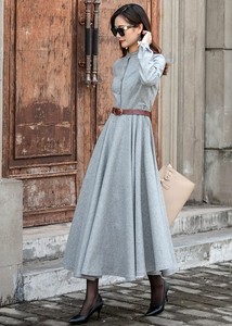 Robe longue personnalisée décontractée élégante pour femmes de la rue quotidienne hiver à manches longues coupe ajustée grande taille robes en laine boutonnées - Product Image 4