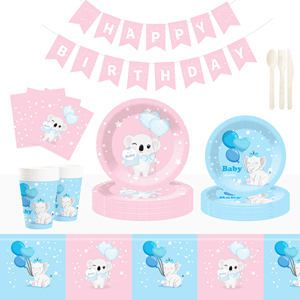 Juego de vajilla para fiesta de cumpleaños DAMAI, platos de papel con diseño de elefante en colores pastel rosa y azul para suministros de revelación de género, sirve para 8 personas. - Product Image 1