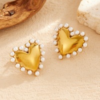 Anting Hati Berlapis Emas Stainless Steel, Anting Stud Berlapis Mutiara Vintage Prancis, Perhiasan Telinga Wanita Mewah Retro