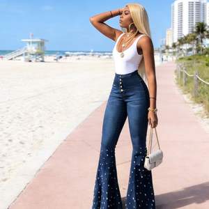 Pantalon évasé <span class=keywords><strong>en</strong></span> <span class=keywords><strong>jean</strong></span> stretch taille haute pour femme, style décontracté, orné de perles, coupe slim, <span class=keywords><strong>jean</strong></span> cloche, mode streetwear - Product Image 5