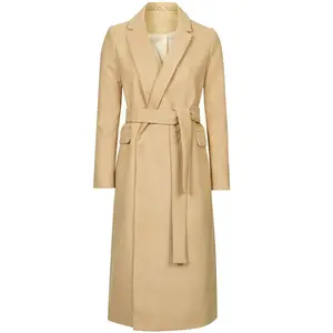 Custom winter fashion belted long sleeves khaki brown wool women's trench coats