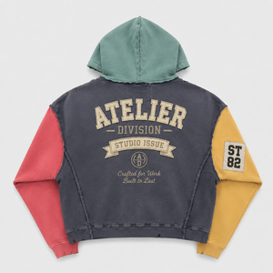 เสื้อฮู้ดดี้ผู้ชายสไตล์สตรีทแวร์ทรงโอเวอร์ไซส์ ผ้าฝ้าย 100% 450 GSM ตกแต่งด้วยผ้าปะต่อสีสันแบบคัลเลอร์บล็อก พร้อมลายปักเชนีลล์ ดีไซน์ดิสเทรส ทรงบ็อกซี่ - Product Image 2