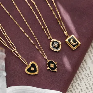 autumn winter new fashion black star love peach heart necklace medium and long chain titanium steel 18K gold color necklace
