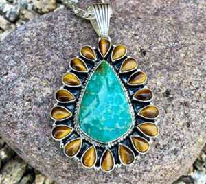 Forme de poire Turquoise naturelle et oeil de tigre pendentif en pierres précieuses bijoux de déclaration 925 pendentif en argent Sterling massif pour les femmes - Product Image 1