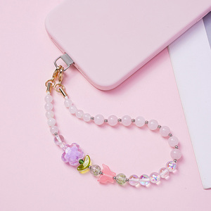 Cordon de téléphone esthétique en perles de quartz rose, breloque papillon et fleur, sangle de poignet anti-perte, personnalisable - Product Image 4