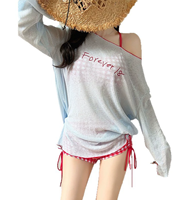 Set Baju Renang 3 Potong Motif Pantai Musim Panas untuk Anak Perempuan, Gaun Cover-Up dengan Kerah Scoop, Tali Serut, Ruffle, Bahan Bernapas Cepat Kering, Ukuran Besar