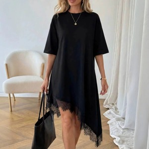 5615 #    <span class=keywords><strong>Robe</strong></span> t-shirt décontractée pour femmes, manches courtes, ourlet irrégulier, garniture en dentelle, 4 couleurs - Product Image 2