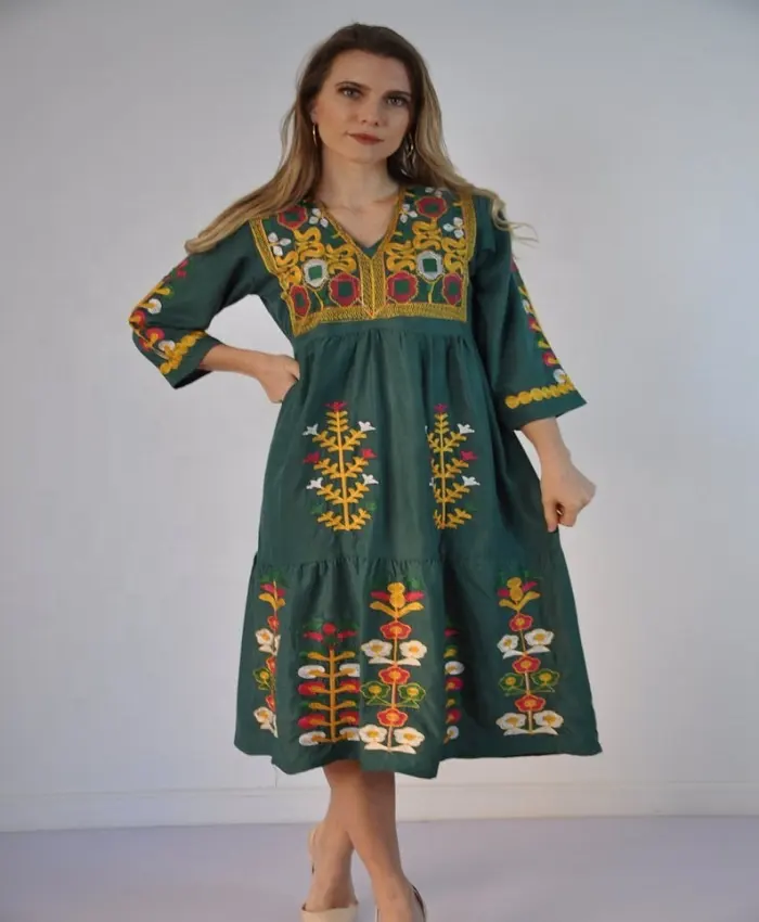 Amazing Floral Embroidered Short Tunic Dress With Long Sleeve & Quarter Sleeves Perfect Autumn Wear Beautiful Mint Color Tunic