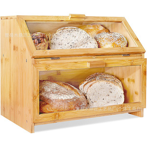 Bamboo Bread <b>Box</b> Double Layer Natural <b>Wood</b> Color Kitchen Countertop <b>Storage</b> - Product Image 2