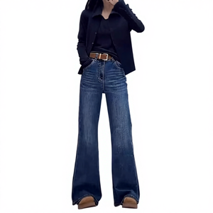 Celana <span class=keywords><strong>Jeans</strong></span> Denim Vintage Ukuran Besar Model Micro-flared untuk Wanita Gemuk, Regular Fit Pinggang Tinggi, Efek Langsing - Product Image 1