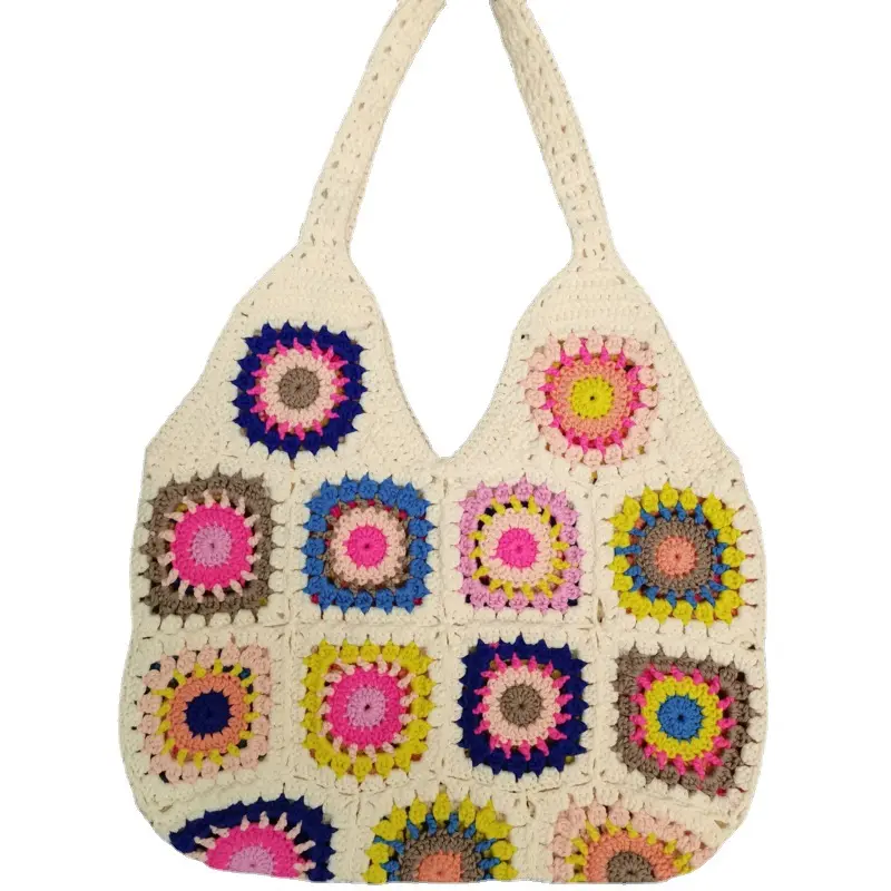 Bohemian Knitted Hollow Out Hobos Shoulder Bags Y2K Girls Fashion Crochet Hook Colorful Handbags