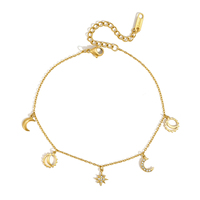 J&D Jewelry Bracelet de cheville en acier inoxydable plaqué or 18 carats pour femme, avec pendentif étoile, lune et soleil ajouré en strass blancs, bijoux de plage