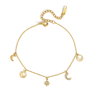 เครื่องประดับข้อเท้าสแตนเลสชุบทอง 18K จาก J&D Jewelry สำหรับผู้หญิง ประดับด้วยคริสตัลสีขาวรูปดาว พระจันทร์ พระอาทิตย์ ดีไซน์โปร่ง เหมาะสำหรับใส่ไปทะเล - Product Image 6