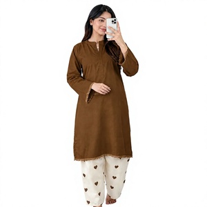 Women Brown Cotton <b>Kurti</b> With Heart Print Palazzo Set Casual Loose Fit Ankle Length <b>Indian</b> Pakistani Style All Seasons Wear - Product Image 1
