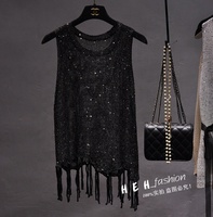 Camisole à paillettes sans manches col rond avec glands, haut en tricot pour femmes