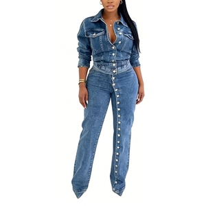 Ensemble 2 pièces en jean pour femme - Chemise boutonnée et <span class=keywords><strong>pantalon</strong></span> large coordonné Sehe Fashion - Product Image 2