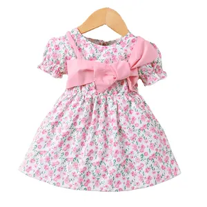 Платье для маленьких девочек с цветочным принтом Новинка весна-осень 2023 корейский стиль с коротким рукавом маленькое Цветочное платье для маленьких принцесс с бантом