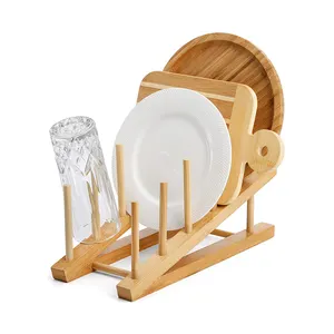 Organizador de cocina, soporte de tapa de olla, plato de bambú, estante de secado de platos, novedad